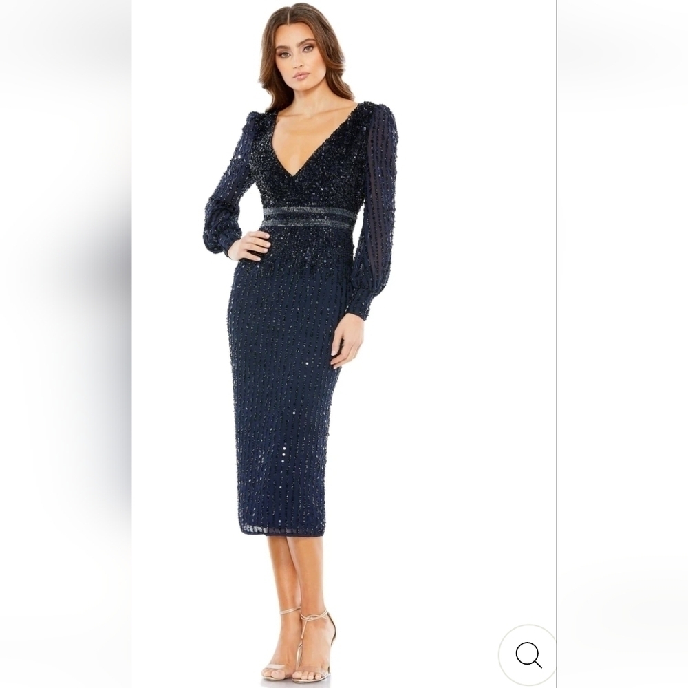 Mac Duggal 93593 Sequined Vneck  mid length Beaded Dress 8 long sleeve NWT